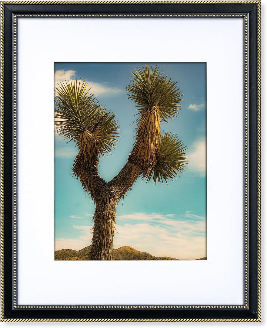 FLYJOE 16 x 20 Picture Frame with Mat for 11x14-16x20 Black Frame with Gold Beaded Trim - Plexiglass - Wall Mount Display Horizontally or Vertically - Hanging Hardware Included - Black