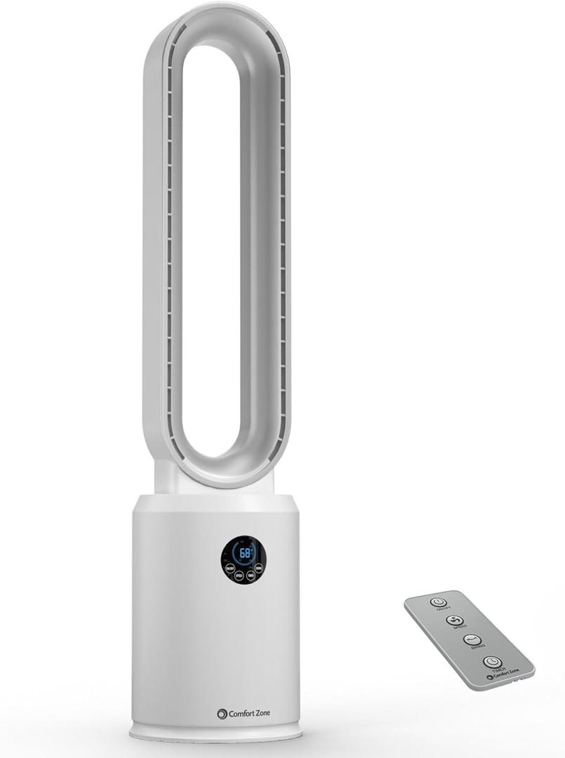 Comfort Zone 40-Inch Bladeless Tower Fan for Bedroom  Quiet Standing Fan with Remote Control, 9H Timer & Wide Area Oscillation  Turbocharged Airflow & Digital LED Display  White/Silver