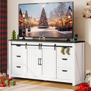 YITAHOME Farmhouse TV Stand for 65/55 Inch TV with Power Outlets & 6 Drawers, Entertainment Center with Sliding Barn Door and Adjustable Shelf, TV Media Console Storage Cabinet for Living Room, White