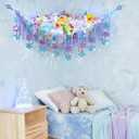 Winter Snowflake Stuffed Animals Hammock Net with LED Light Nursery Winter Room Decor Snowflake Plushie Ceiling Net Toy Storage Organizer Blue Purple Wall Hanging for Bedroom Nursery Playroom