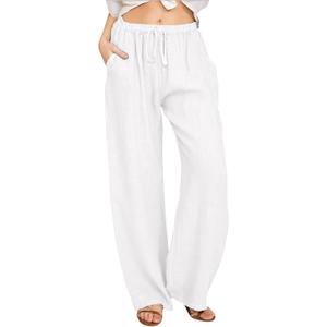 CHARTOU Women's Summer Drawstring Waist Wide Leg Loose Cotton Linen Palazzo Pants (White, S)