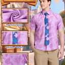 Nick Cosplay Costume, Hawaiian Pink Floral Fox Shirt with Tie for Adult Men, Halloween Animal Animated Film Character Suit (Purple)