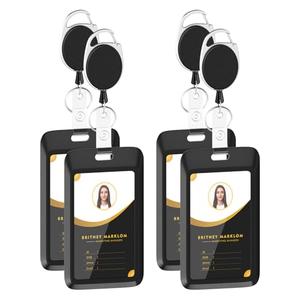 4 Pack Sliding Black ID Badge Holder with Retractable Badge Reel, Heavy Duty Plastic Vertical Key Card Holder with Carabiner for Office School Factory ID Credit Cards Drivers Licenses and Passes