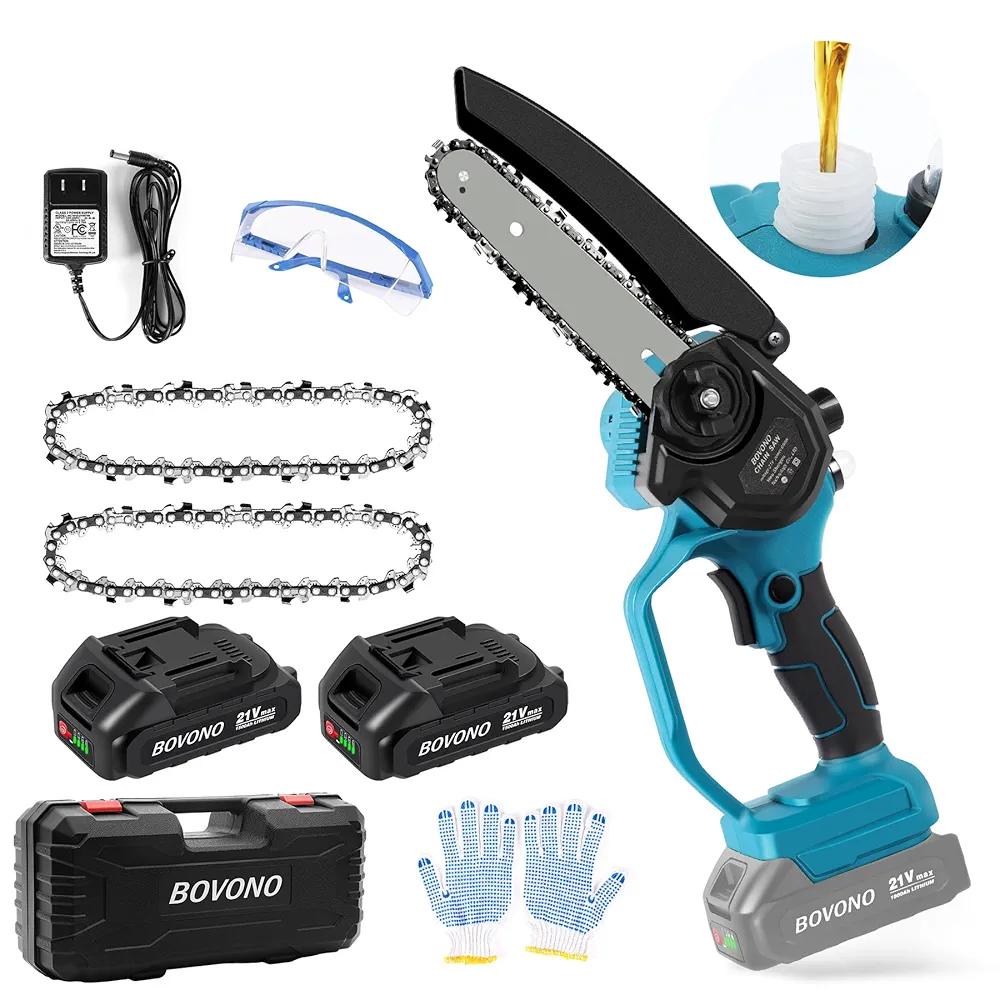 BOVONO Cordless Power Chainsaw，6-Inch Mini Chainsaw, 21V Electric Chainsaw with Safety Lock and Strong Motor for Tree Branches, Courtyard, Household and Garden