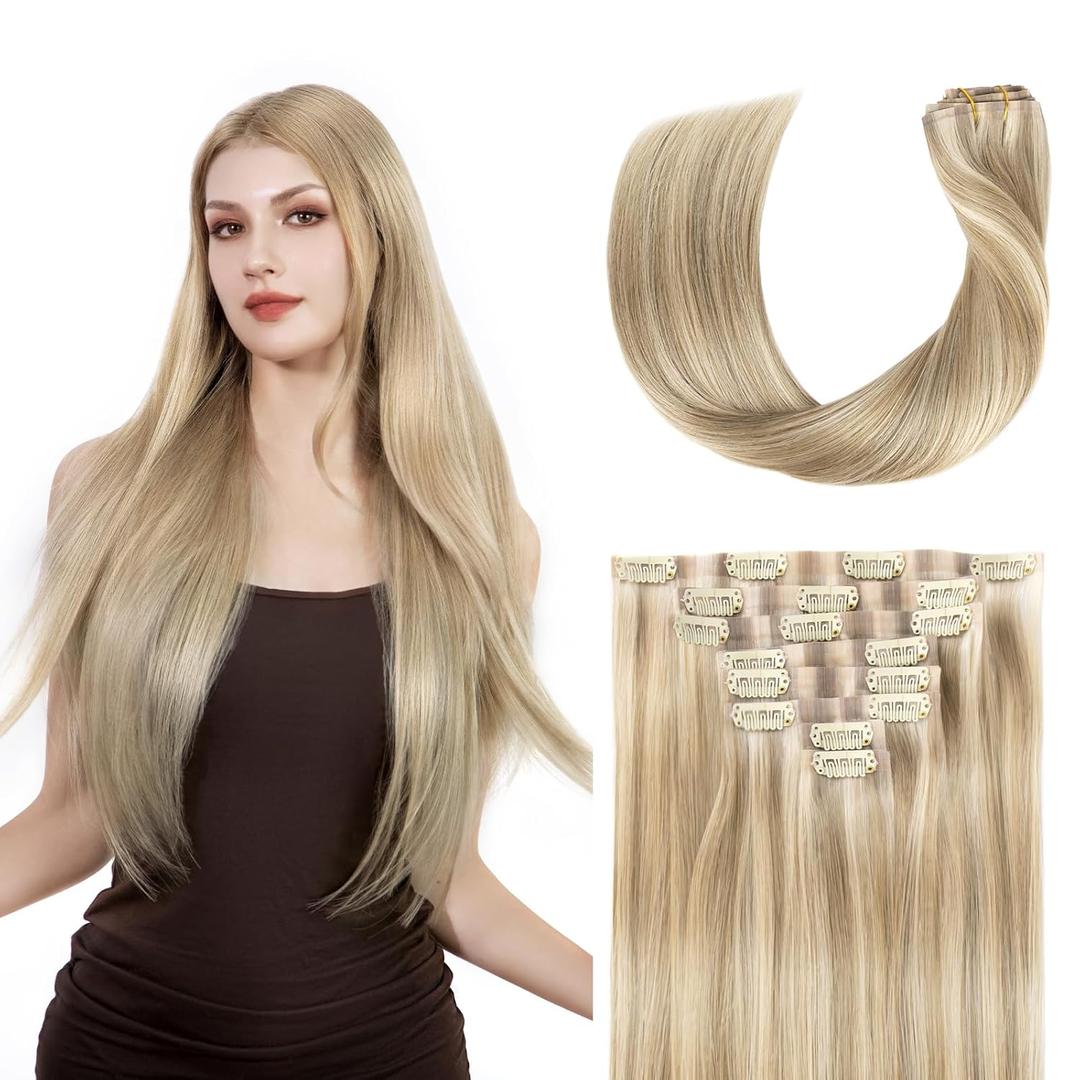 Clip in Hair Extensions Real Human Hair, Seamless PU Skin, 100% Remy Human Hair Silky Straight Tangle Free 120g 8Pcs, 18 Inch Light Blonde Highlighted Golden Blonde #P16A/22A for Women