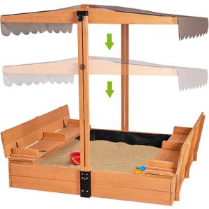 Kids Wooden Outdoor Sandbox w/Canopy, 2 Foldable Bench Seats, Retractable Roof Sand Protection Liner 47x47-Inch