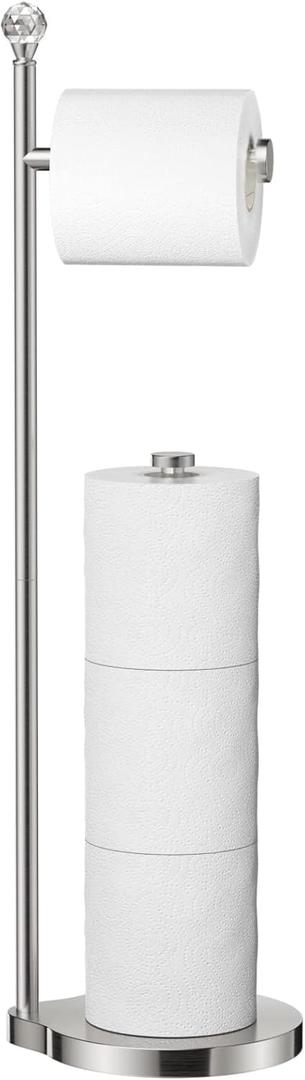 Toilet Paper Holder for Bathroom, Heavy Weighted Metal Free Standing Toilet Paper Storage with Crystal Ball, Toilet Paper Stand for Bathroom Accessories, Brushed Nickel [Holds MEGA Rolls]