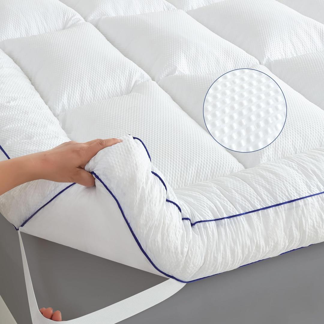 WhatsBedding Memory Foam Mattress Topper Queen Size, with 3D Bubble Mattress Pad Cover Fabric, Cozy Quilted 100% Cotton Layer for Back Pain, White,60"x80", White 