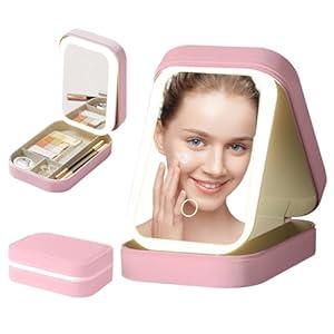 LED Three-Color Adjustable Makeup Mirror, 2025 New Travel Makeup Bag with Mirror, Rechargeable Makeup Bag with Led Mirror,Organizer Bag Portable Makeup Box (Green)