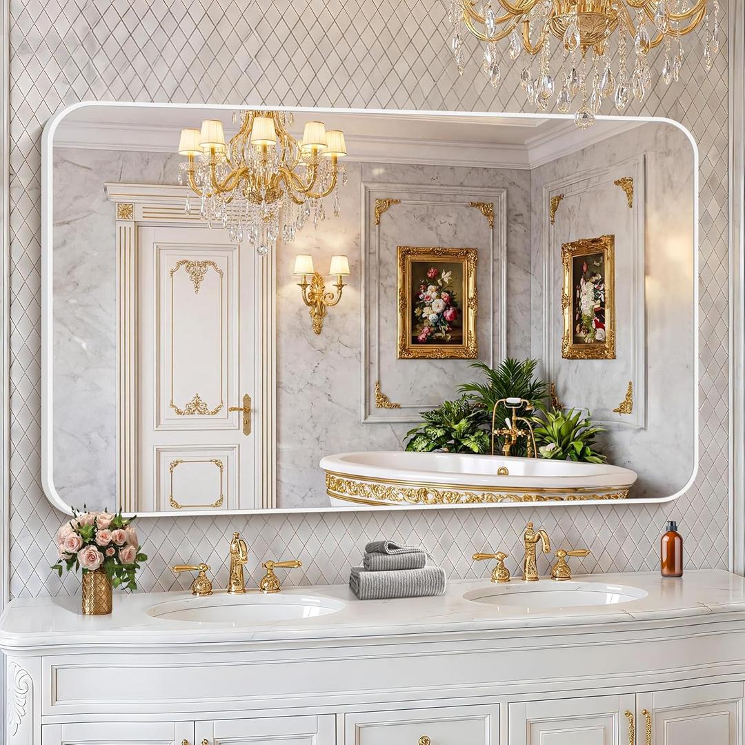 BONEWEI White Bathroom Mirror,60x36 inch Wall Mirror for Bathroom Wall Mounted,Rectangle Mirror for Bathroom Over Sink,Modern Frame Round Corner for Living Room,Bedroom Entryway,Horizontal/Vertical