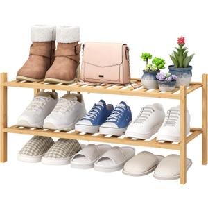 viewcare 2-Tier Bamboo Shoe Rack for Entryway, Bamboo Wood Shoe Organizer for Hallway Closet, Free Standing Shoe Racks for Indoor Outdoor