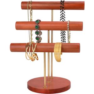 Necklace Bracelet Holder Wooden Jewelry Display Holder T-bar Watches Storage Stand 3-tier Scrunchies Organizer (Brown)