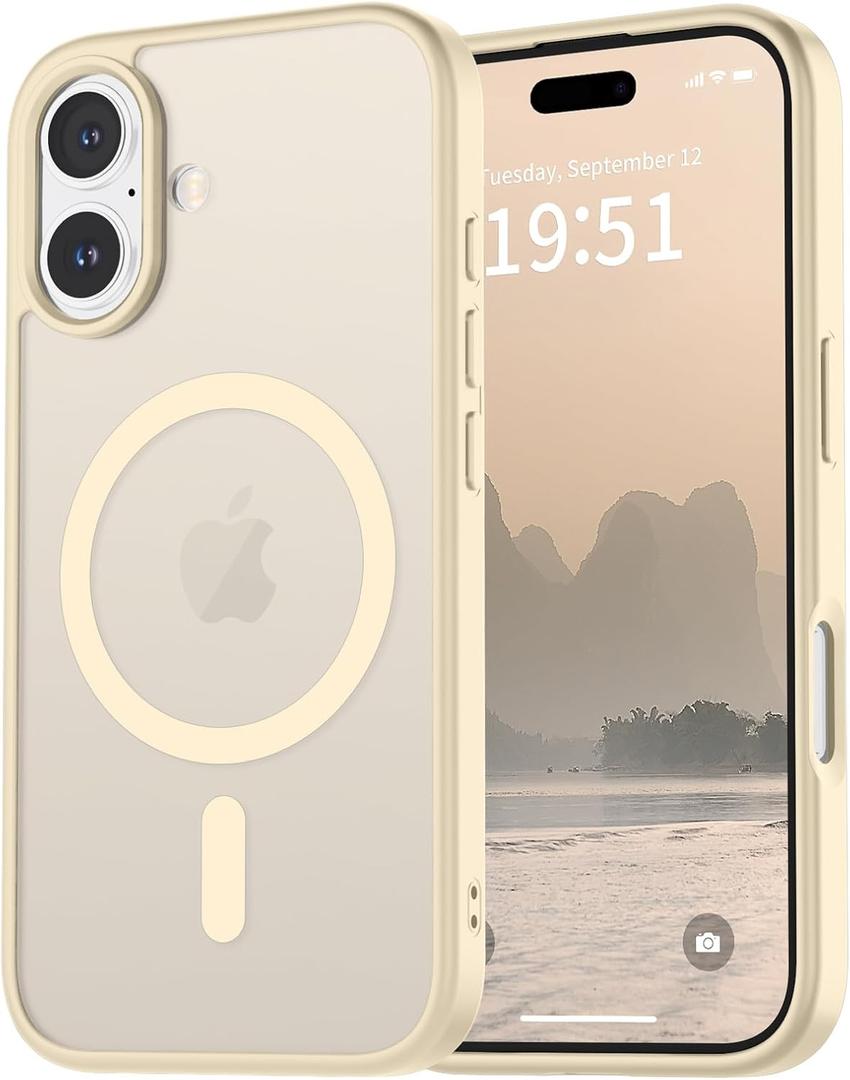 vnnink for iPhone 16 Case,Magnetic Matte Military Grade Drop Protection Translucent Cell Phone Cover - Slim Rugged Durable Shockproof Bumper Cover-Antique White