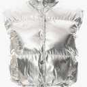 Flygo Women's Winter Crop Vest Metallic Quilted Down Vest Sleeveless Puffer Jacket L