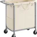 SONGMICS Laundry Basket with Wheels, 2-Section Rolling Laundry Hamper, 37 Gallons (140L), Removable Liner, Steel Frame with Handle, Blanket Storage, 27.2 x 15.4 x 31.9 Inches, Cream White URLS004W01