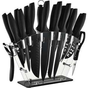 EUNA Kitchen Knife Set, 19 PCS Black Knife Set with Acrylic Block and Sharpener, German High-Carbon Stainless Steel Knife Sets with 6 Serrated Steak Knives, Bread Knife, Chef Knife, Dishwasher Safe
