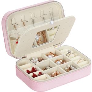 Flannel Jewelry Box, Travel Jewelry Case with Mirror, Portable Small Jewelry Organizer Travel for Stud Earrings, Rings, Necklaces, Bracelets, 6.3" x 4.5" x 2", Pink