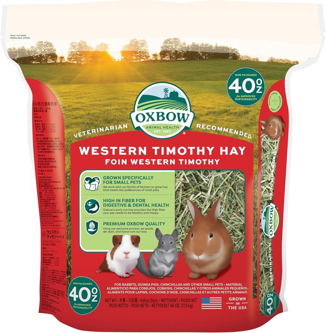 Oxbow Western Timothy Hay for Small Pets  All-Natural Grass Hay for Rabbits, Guinea Pigs, and Chinchillas  High Fiber for Digestive Health and Dental Support  40 oz Bag (EXP 05/14/26)