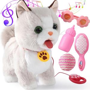 Ylpaprm Walking Cat Set Interactive Talking Toy Kitten Repeat What You Say Robot Cat Toy for Girl Singing Dancing Touch Control with Leash Wagging Tail Nodding Plush Electric Ragdoll Kitty for Kid