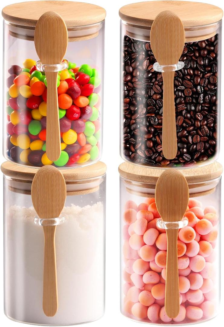 Set of 4 Clear Glass Jars with Airtight Bamboo Lids & Spoons 20 oz, Food Storage Containers for sugar and flour, Dry Goods, Bath Salts