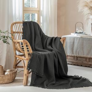 Muslin Fringe Blanket for Adults 100% Cotton 4-Layer Gauze Cloud Soft Breathable Lightweight All Season Throw Blanket for Bed Couch Sofa Office (Dark Grey, Twin XL 66" 90")