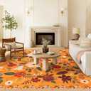 U'Artlines 8x10ft Fall Colorful Floral Area Rug Machine Washable Ultra Soft Low Pile Non Slip Non Shedding Accent Floor Carpet for Living Room, Bedroom, Dining Room, Office (Orange)