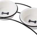 Cat & Dog Bowls - Ceramic Elevated Pet Raised Cat Food Bowls Set, 12 Ounce Small Dogs Bowls, Dishwasher Safe (2 Bone Pattern bowls & Black Stand)