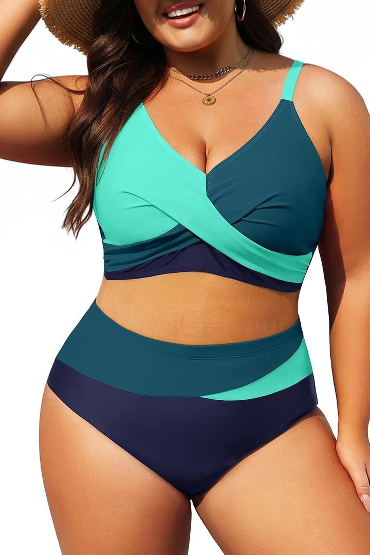 Tempt Me Plus Size Two Piece Swimsuit - Women High Waisted Bikini Set Tummy Control Bathing Suits (Blue, XXL)