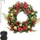 16 Inch Pre-Lit Christmas Door Wreath with Timer & Hanger & 50LED Warm Lights, Decor with Bow & Golden Ball & Star ect., Artificial Christmas Wreath for Door & Window & Fireplace