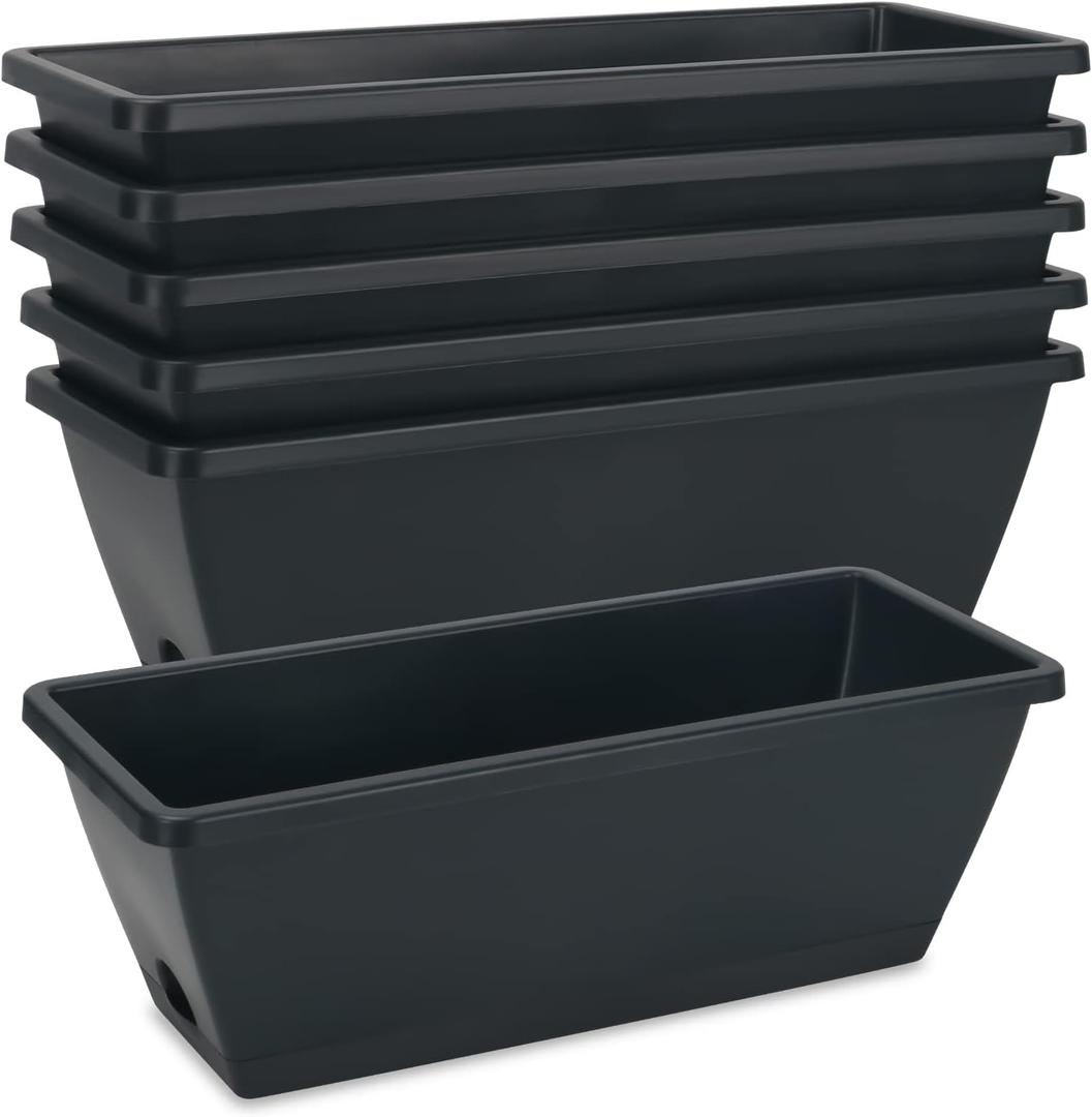 HOXHA Window Box Planter, 6 Pack 17inch Plastic Vegetable Flower Planter Boxes with Tray, Indoor Outdoor Flower Pots for Windowsill, Patio, Porch, Garden Balcony, Dark Gray