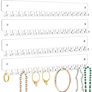 Acrylic Necklace Holder 4 Pack Wall Mounted Necklace Organizer Hanging Jewelry Organizer with 17 Hooks for Necklaces, Bracelets, Rings and Bangles Display (14.17 inch)