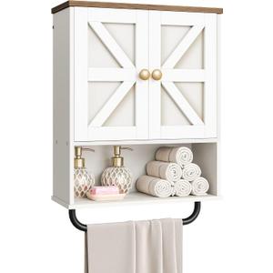 CHOEZON Bathroom Wall Cabinet, Medicine Cabinet with Open Partition and Towel Bar, Rustic Storage Cabinet with Open and Hidden Storage Space, for Bathroom, Living Room, Kitchen, White and Walnut, 7.1"D x 18.9"W x 24.8"H