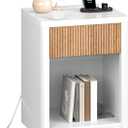 CHOEZON Fluted Nightstand with Charging Station, White and Natural, 15.7"D x 18.9"W x 24.2"H
