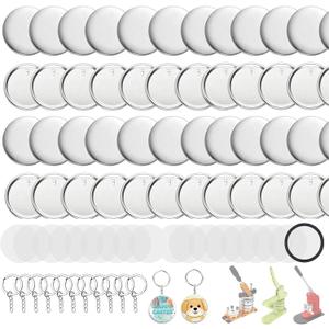 Button Maker Keychains Supplies, 200 Pcs 58mm Pin Maker Set, Metal Button Maker Supplies with Metal Shell Cover, Transparent Film & Chain Head