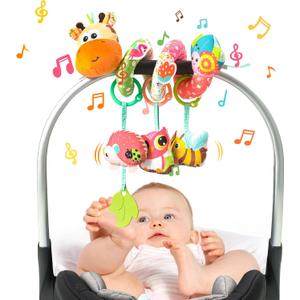 Jollybaby Crib Stroller Car Seat Toys for Baby 0-3-6-9-12 Months, Tummy Time Hanging Sensory Toys for Newborn with Music Box and Teether, Spiral Carseat Toy for Infant Boys Girls Gifts (Yellow)