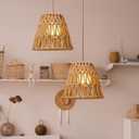 Tujoe Small Rattan Bell Lamp Shade Boho Handwoven Barrel Rattan Chandelier Shades Replacement for Table Floor Lamp Pendant Light Fixtures, 5.5" H x 5.9" D, 2.76" Fitter(3 Pcs,Boho,Normal)