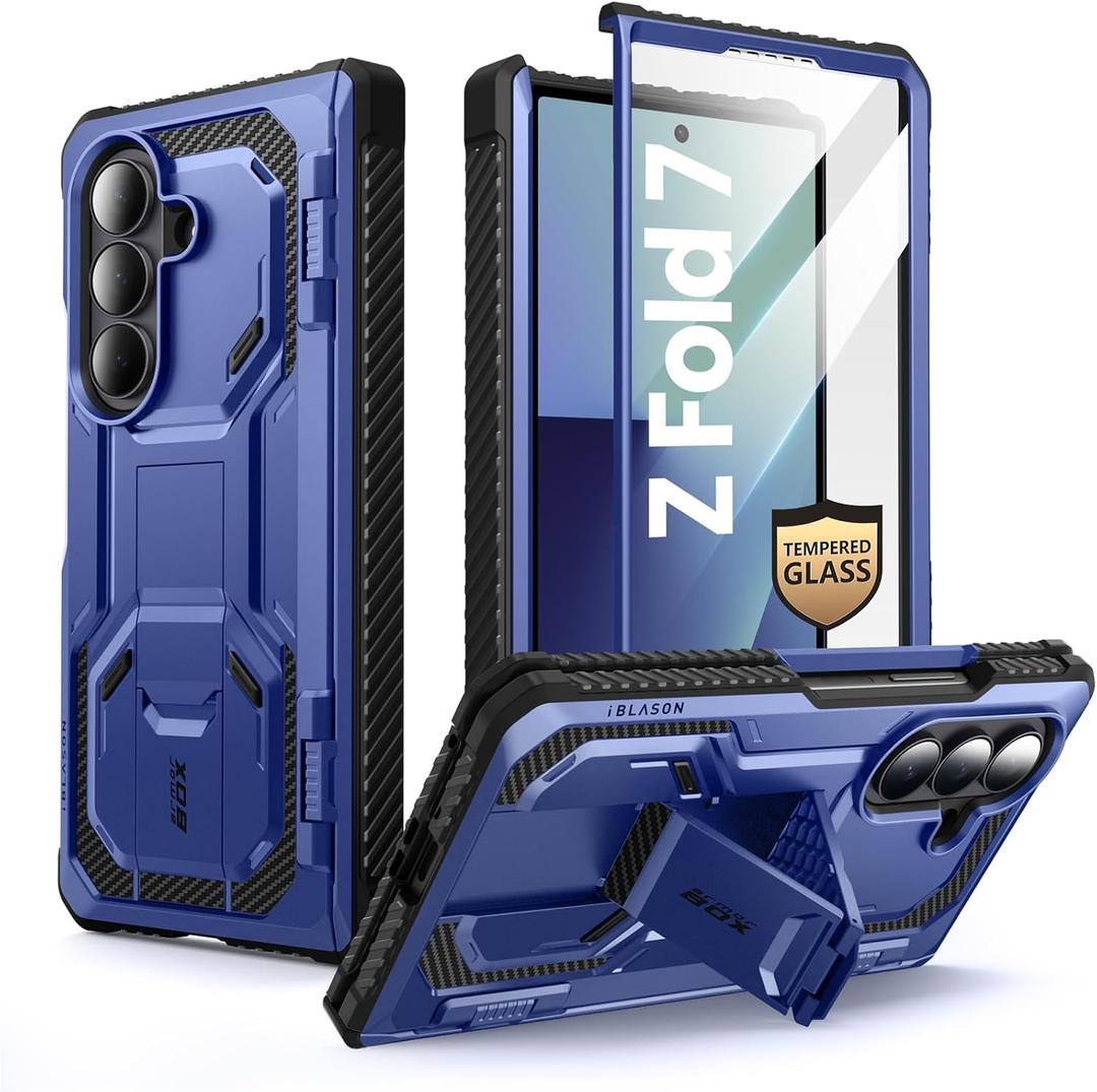 I-Blason Armorbox for Samsung Galaxy Z Fold 7 Case with Stand [9H+ Tempered Glass Screen Protector] [Hinge Protection] Full-Body Heavy Duty Rugged Shockproof Protective Case for Z Fold 7 (Blue)