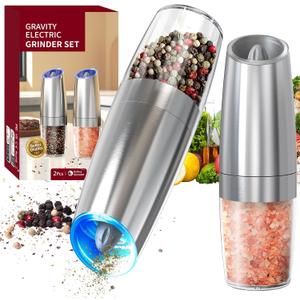 CIRCLE JOY Gravity Electric Salt and Pepper Grinder Set Stainless Steel Automatic Salt and Pepper Grinder Set, Battery Operated, LED Light, Adjustable Coarseness, for Home Kitchen BBQ, Silver, 4.75 Ounces