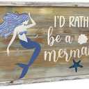 Rustic Mermaid Framed Wall Art: Modern Wooden Ocean Theme Painting Wood Decor Vintage Sea Life Artwork Coastal Starfish Picture Prints for Bathroom