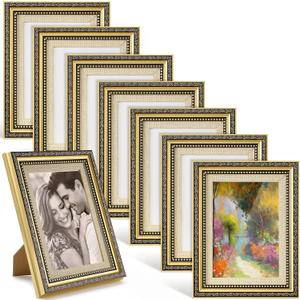 Bucherry 5 x 7 Vintage Gold Picture Frame Bulk Set of 8, Tabletop Display Plastic Ornate Antique Photo Frames, Vintage Gold Decor for Photos Pictures Poster Table Desk Display