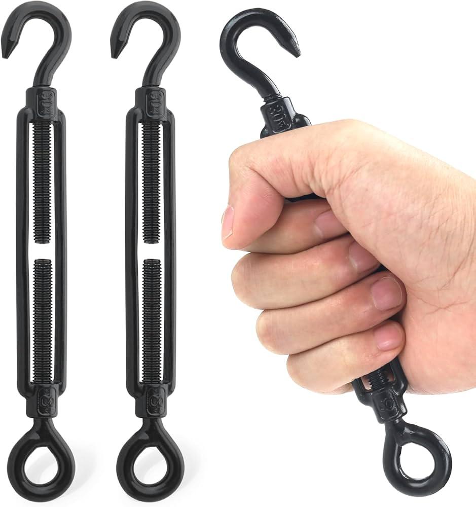 Moxweyeni 6 Pcs M8 Stainless Steel 304 Hook & Hook Turnbuckles Black Turnbuckle, 661 Lbs Working Load Limit, Double Hook Screws for Wire Rope Tension, Shade Sail Hardware, Sun Shade Tent Installation