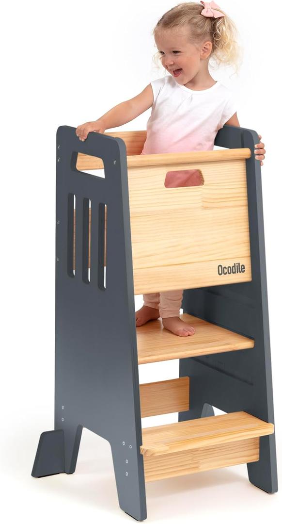 Toddler Tower with a Sliding Door and 3 Adjustable Heights - Complete Toddler Kitchen Stool Helper with Support Feet - Safe Design for 18+ Months to 6-Year-Old Kids - Gray (1 - Gray)
