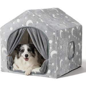 Indoor Dog House, Night-Luminous Star Dog Tent with Frame, Washable Dog Cave Bed, Suitable for 36-66 lb Medium and Large Dog (XL (29"29"29"), Grey)
