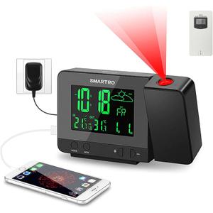 SMARTRO SC31B Digital Projection Alarm Clock with Weather Station, Indoor Outdoor Thermometer for Bedrooms, USB Charger, AC Battery Operated