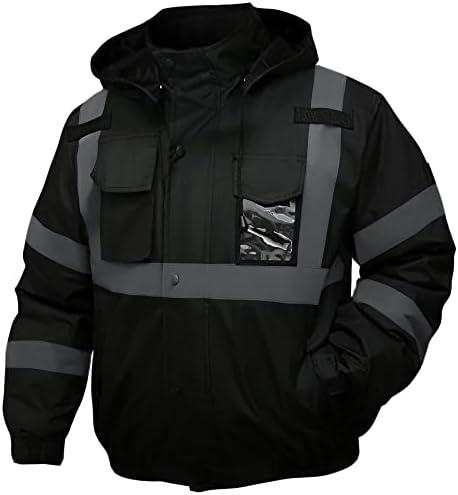 DPSAFETY Safety jacket for men,Reflective high Visibility Hooded jacket,Hi-Vis Bomber Jacket with Pockets and Zipper,Waterproof,Black Bottom,ANSI/ISEA 107-2020 Type R Class 3,Black 2XL