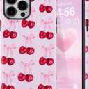 DEFBSC Case for iPhone 15 Pro, Cute Pink Bow Cherry Print Aesthetic Trendy Pattern for Women Girls Slim Durable Bumper Shockproof for iPhone 15 Pro Case, Cherry/Glossy