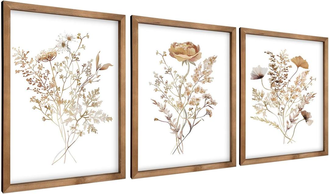 pechpell 3 Piece Wooden Floral Wall Art, 15.7x11.8 Inch Framed Flower Prints Pictures Wall Decor, Nursery Living Room Bedroom Rustic Farmhouse Decorations for Home