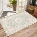 Vhong Washable Area Rugs Boho Vintage Modern Neutral Small Carpet Green and Pink High Traffic Rugs 2x3 for Bathroom Kitchen Entryway Non Slip