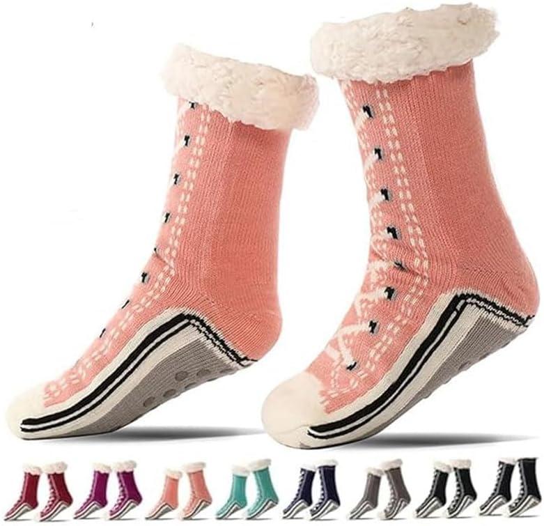 Slipper Socks Valentine for Women Men Couple, Fuzzy Cashmere Fleece Lined Socks, Ultra-Thick Warm Non-Slip Silicone Grips for Indoor Home, Cozy Winter (Pink)