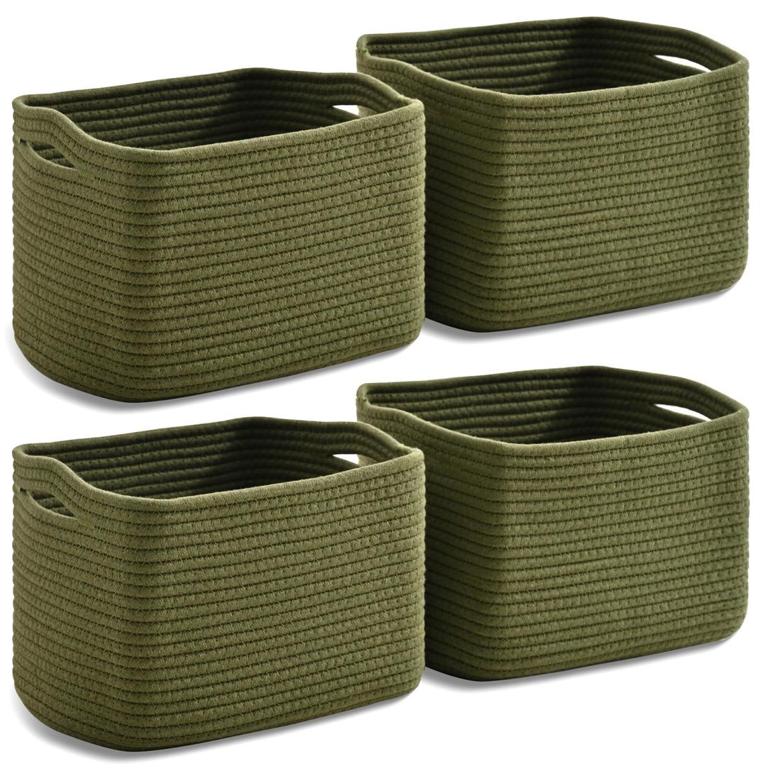 Dcerzxzci Small Storage Baskets for Organizing, Woven Storage Baskets for Shelves, Cotton Rope Basket for Storage, Cute Rectangular Book Toy Green Basket, 12.7"×9.1"×7.9", 4 Packs, Green